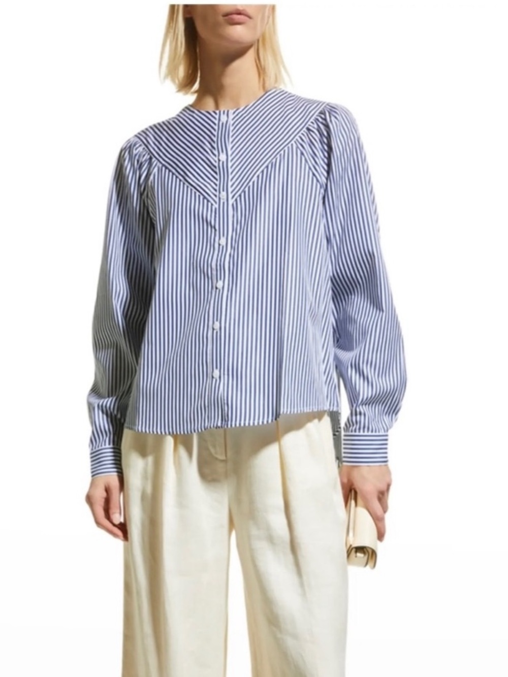 Harshman USA Cari Striped Blue white M Button-Front cotton chevron yoke blouse